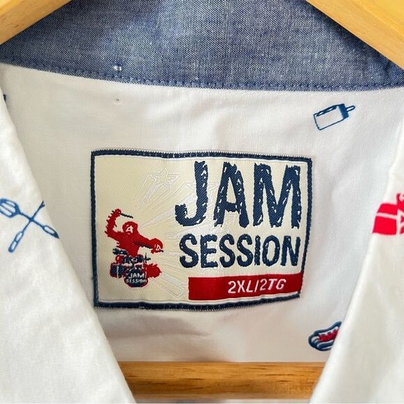 Jam Session White BBQ Themed Pattern Short Sleeve Button Down Shirt - Picture 3 of 7
